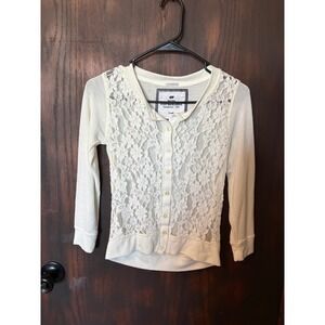 Y2K Vintage Ivory Lace Front Button Cardigan Sweater Small Cream Floral Knit